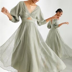 NWT ASOS EDITION blouson sleeve formal sage green midi dress, organza overlay